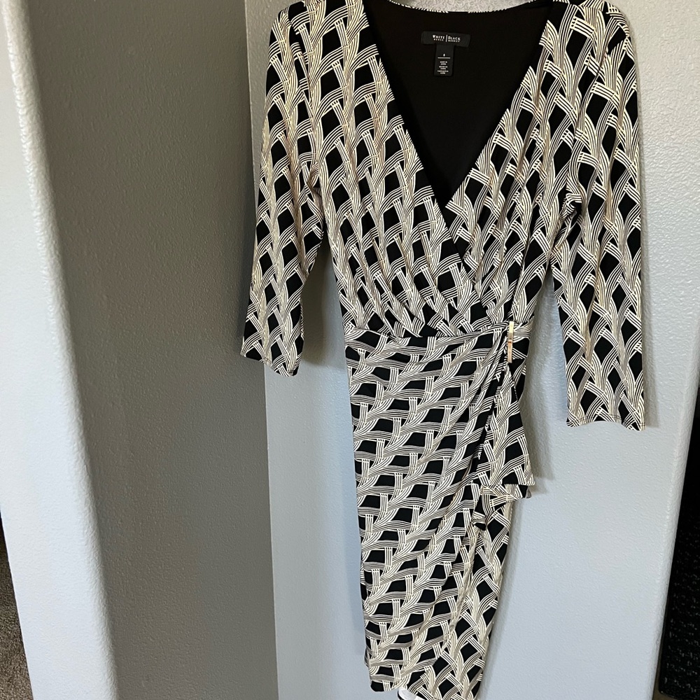 White House Black Market Black and Cream Patterned Wrap Dress